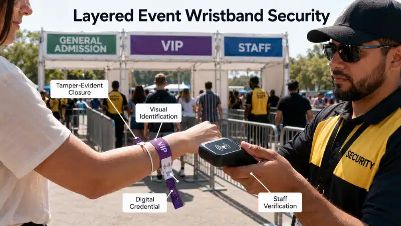 Event security staff validating an attendee's RFID wristband at a controlled entrance with tamper-evident closure and access-zone identification Event security staff validating an attendee's RFID wristband at a controlled entrance with tamper-evident closure and access-zone identification