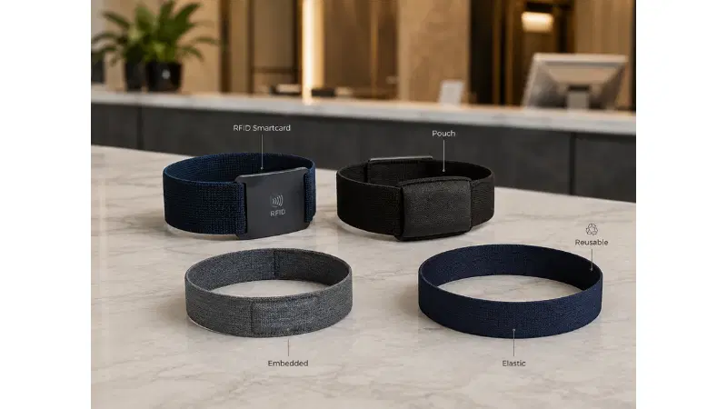Reusable elastic RFID wristbands with different smartcard and fabric constructions Reusable elastic RFID wristbands with different smartcard and fabric constructions